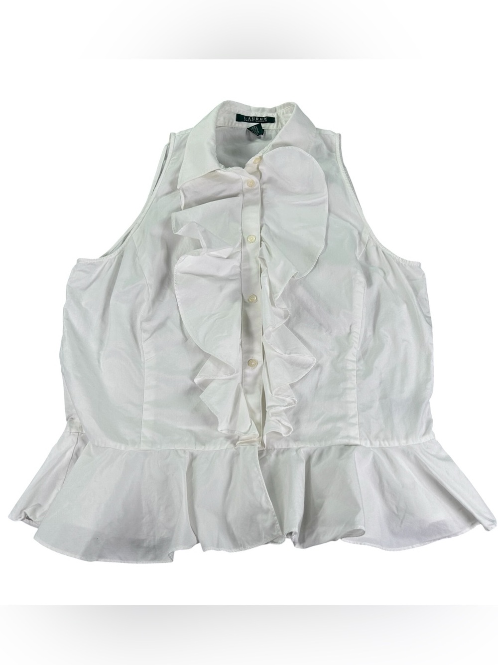 Lauren Ralph Lauren Ruffle Peplum Blouse Women’s 14 White Cotton Sleeveless